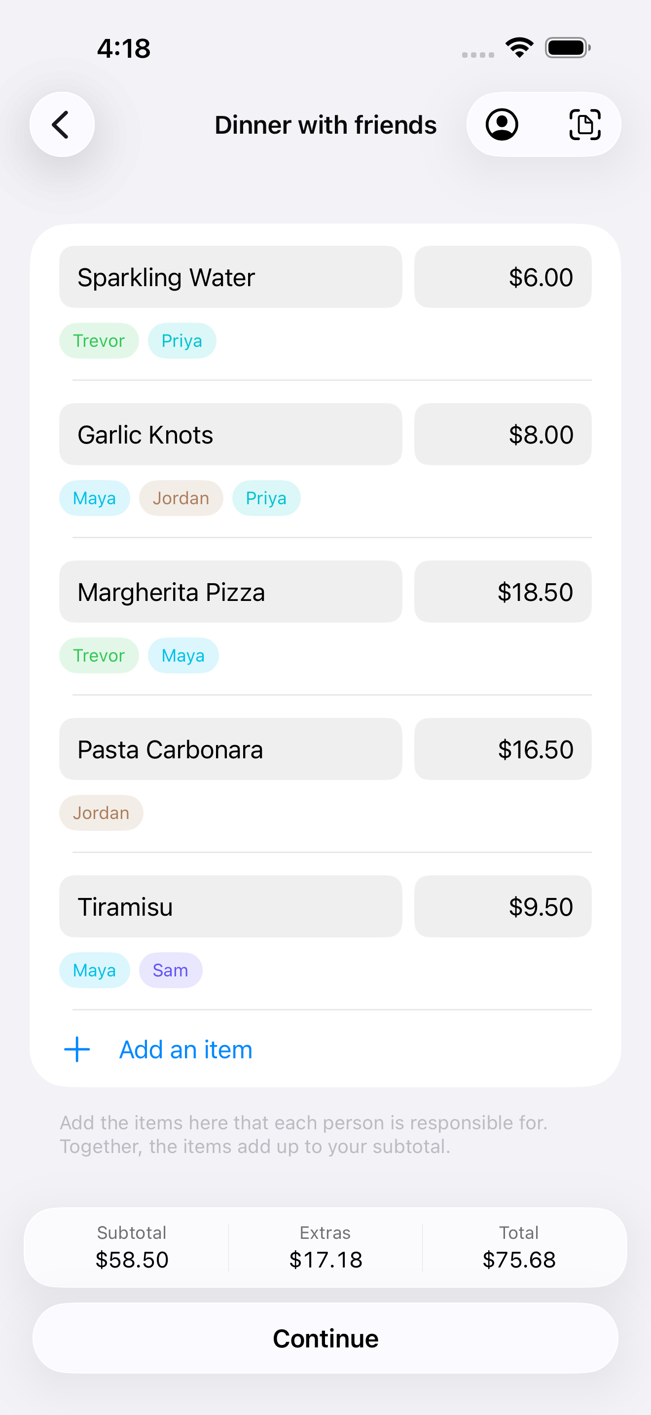 Items screen of Quick Split